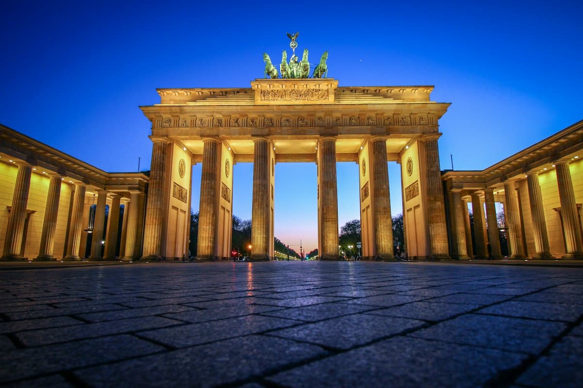 The Brandenburg Gate lit up at blue hour, Berlin