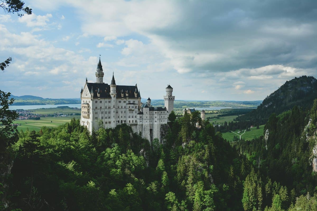 Neuschwanstein Castle above the forest near Schwangau, in Bavaria