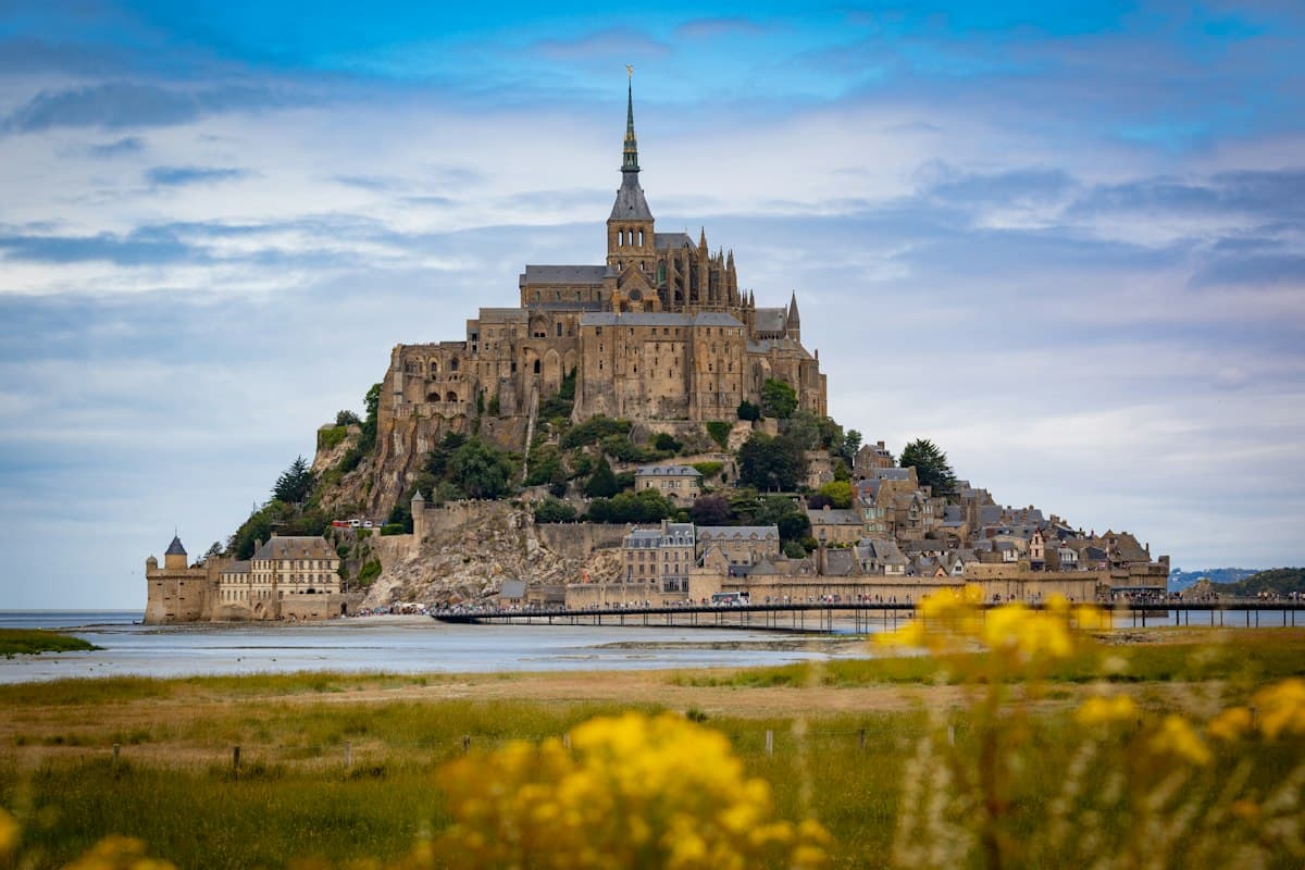Mont Saint-Michel on its tidal island in Normandy, with wildflowers in front