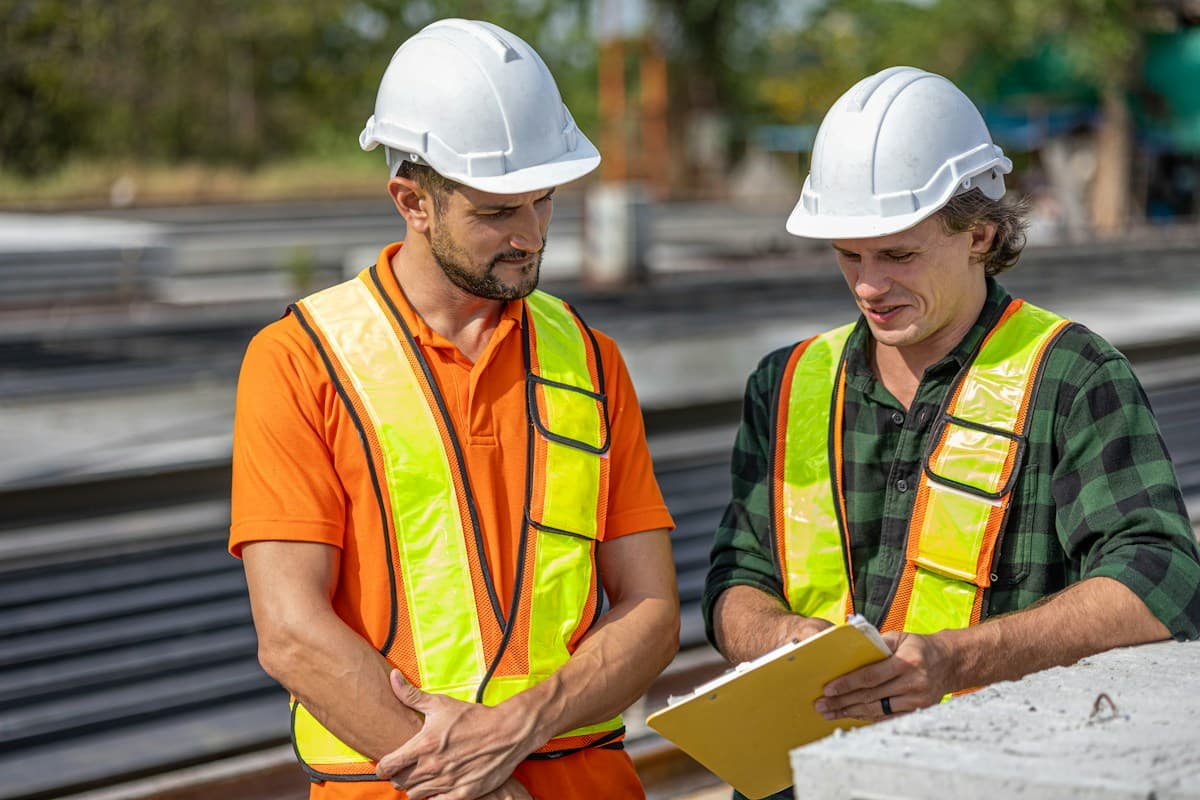 Two site engineers in hard hats checking plans on a clipboard