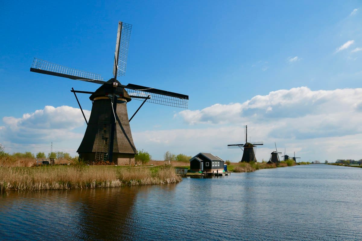 Windmills along the water at Kinderdijk